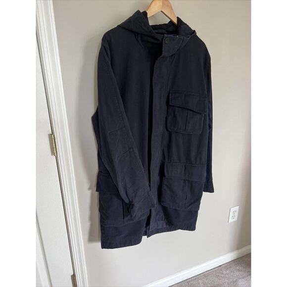 Mens Black Hooded Utility Parka Jacket Long Sleeve Full Zip Pockets - Picture 10 of 11